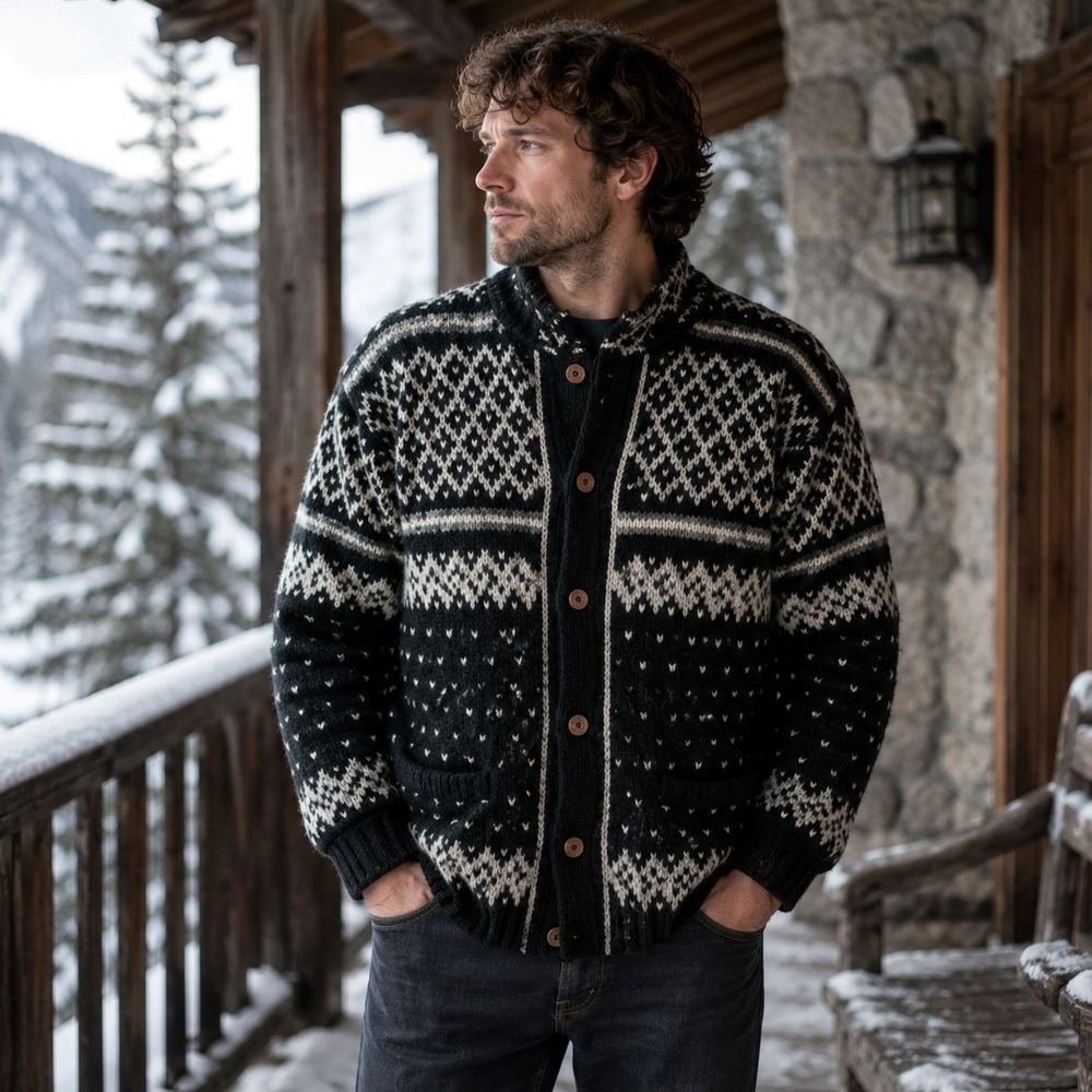 Made in Nepal 100% Wool Nordic Fair Isle Cardigan Sweater Black Gray White